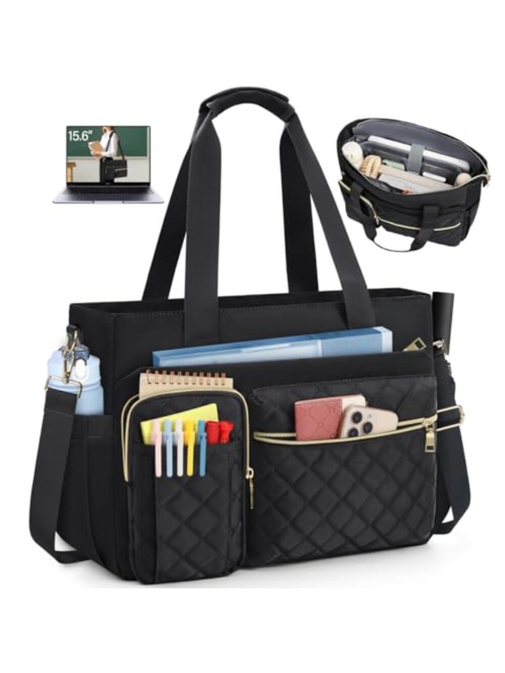 15.6" Laptop Tote Bag Quilted Polyester Water Resistant Messenger Shoulder